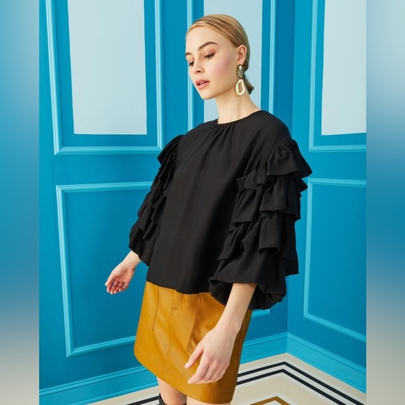 Marie Oliver Ferne Top | Black Ruffle Puff Sleeve Blouse | Silk Blend | Size S - Picture 1 of 9